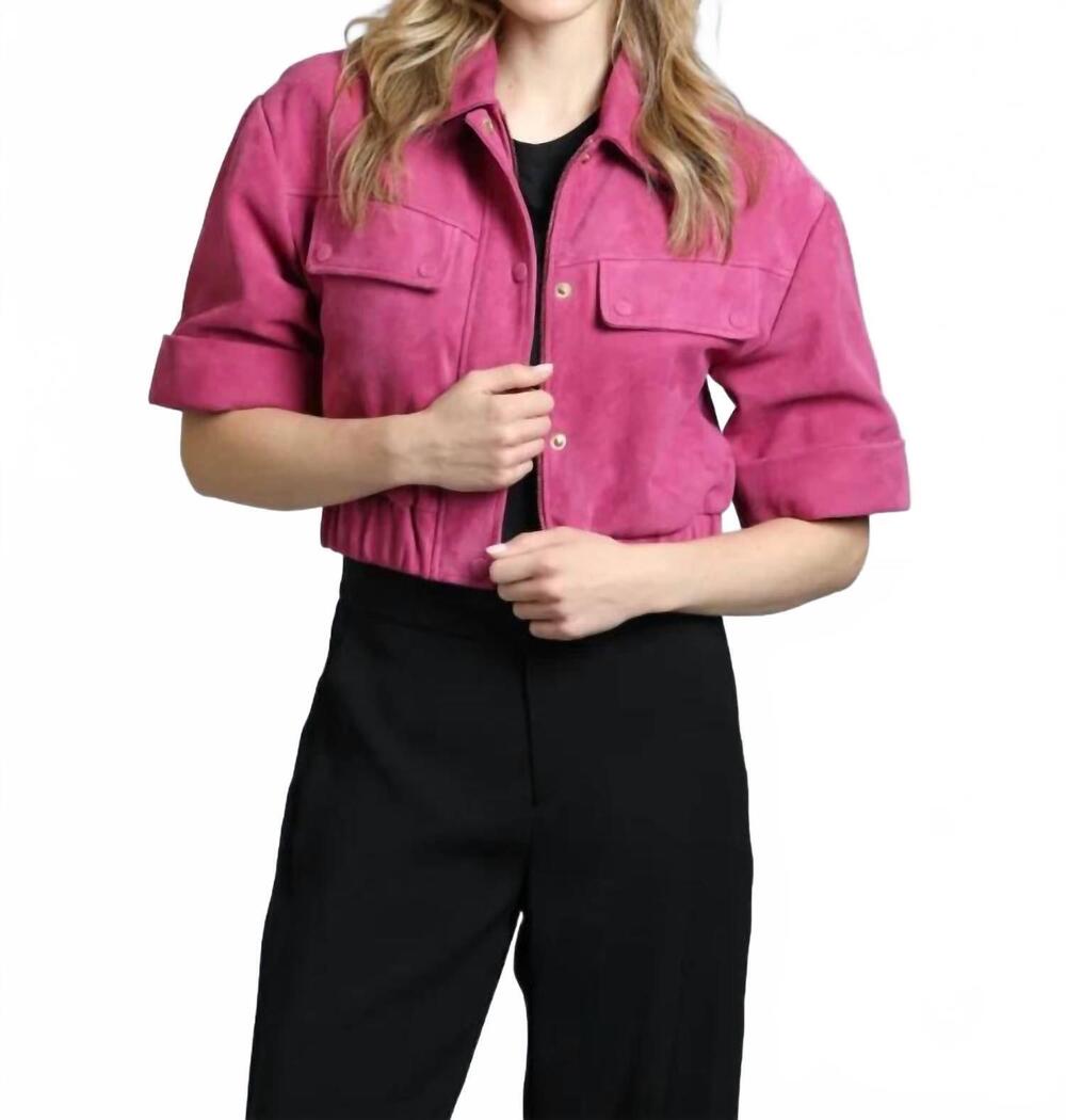 NEW 11 UPTOWN cropped goat suede jacket with gathered waist in pink